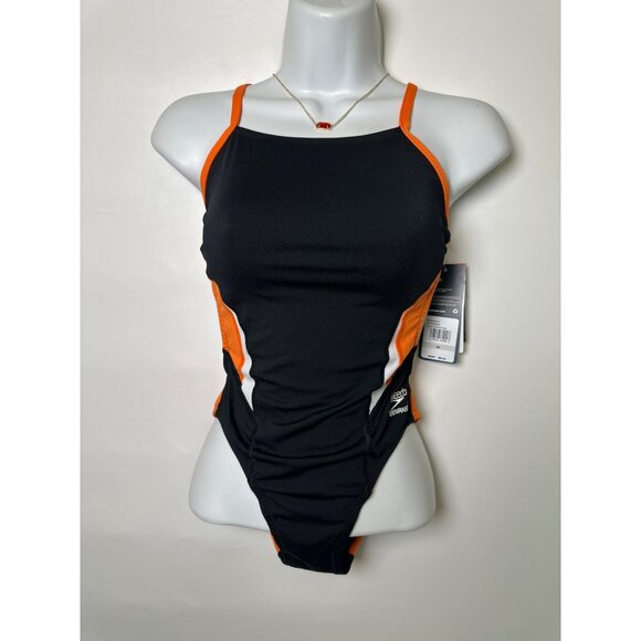 Speedo Women S Edge Splice One-Piece Swimsuit, Black/Orange, 26 NWT - Picture 2 of 7